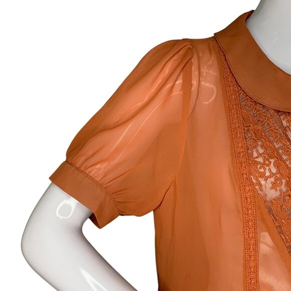 Forever 21 Sheer Top Asymmetric Collared Button Down Brown Size M - Picture 2 of 9